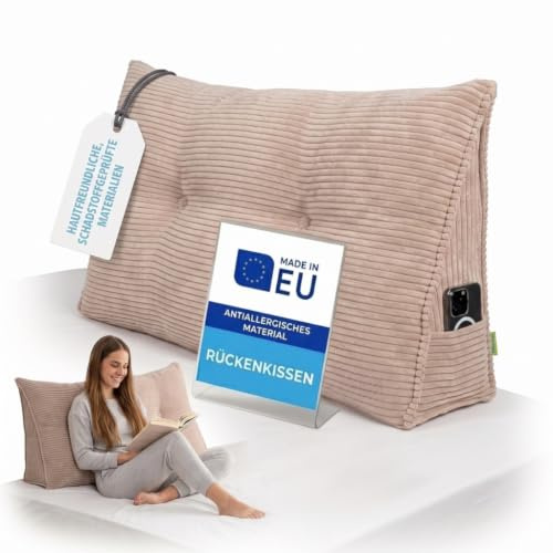 Pillows24 Cord Rückenkissen für Bett & Sofa 90cm, abnehmbarem Bezug | Bequemes Keilkissen und Lesekissen fürs Bett, waschbarem Bezug, Großes Sofakissen für Rückenlehne und Sofa, Cappuccino
