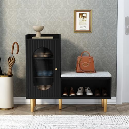 HOLTICO Shoe Storage Bench with Seat, Glass Door Storage Cabinet, Modern L-Shaped Shoe Rack Black Cabinet for Hallway, Entryway, Bedroom, Living Room