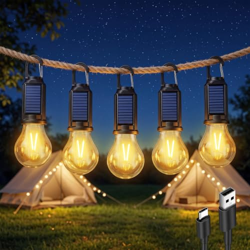 LIAISIMI 5 Stück Solar LED Campinglampe, Tragbare Camping Licht Glühbirne mit 3 Helligkeitsmodi, USB Wiederaufladbare Zeltlampe zum Aufhängen, Wasserdichte Camping Laterne für Angeln, Wandern