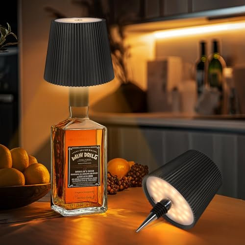 Ketom 2 Stück LED Kabellose Flaschenlampe Aufsatz, IP54 Akku Flaschenleuchte, Dimmbare Tischlampe Schwarz, Farbtemperatur Einstellbar, Touch Tischlampe für Innen/Außen