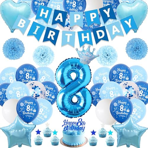 Xietaea Deko 8. Geburtstag Junge Blau - 58 Stück 8. Geburtstagsdeko Luftballons Happy Birthday Girlande Tortendeko, Papier Pompons und Riesen Zahlballon zum 8 Geburtstagsfeier Dekoration