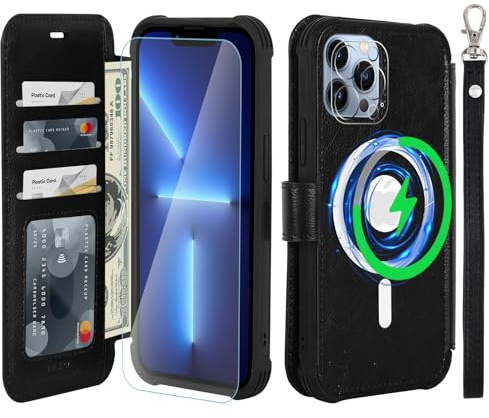 VANAVAGY Wallet Case for iPhone 13 Pro Max for Magsafe,Black | PU Leather Flip,Slim,12ft Drop Protection,RFID Blocking Card Holder,Magsafe Wireless Charging,Includes Screen Protector