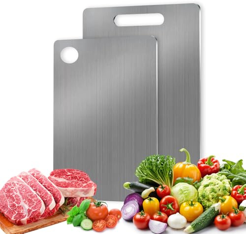 JurciCat 2 Piezas Tabla de Cortar de Titanio Doble Cara Tabla Cortar Acero Inoxidable Para Carne Pan Verduras y Fruta