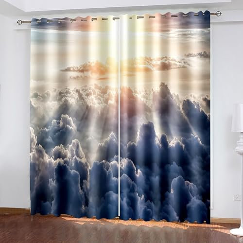 AMDXD Verdunkelungsvorhang Kinder Grau Blau, Sonnenschein Wolken Landschaft Verdunklungsvorhänge Ösen, Thermovorhänge Kälteschutz Schallschutz 2er Set 132x244cm