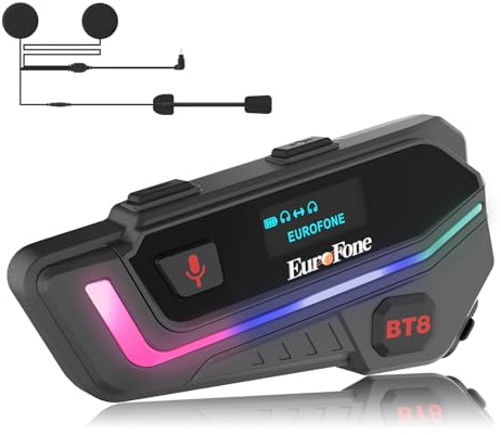 EuroFone Motorrad Bluetooth Headset, Motorrad Bluetooth Intercom Kommunikationssystem mit LED-Bildschirm für 6 Fahrer Gruppenverwendung beim Laden/Sprachwahl Universeller Motorrad-Kommunikator