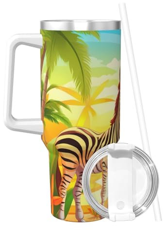 PHAYAH Tropical Zebra - Taza de café de viaje de acero inoxidable con asa, popote y tapa para sorbos, cabe en el portavasos del coche
