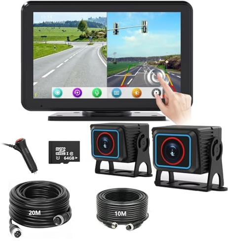 Ecoyoca Car Reversing Camera Kit 7 1080P Touch Monitor Backup Camera with 64G TF Card, IP69 Waterproof Daul Wired Reverse Cameras with 10m Cable+20m Cable for Van Trailer Truck Pickup Caravan