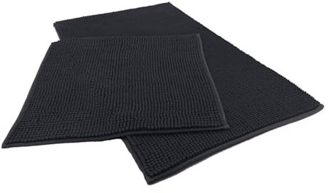 heimtexland ® Badvorleger Chenille Super Flauschig Saugstark Badteppich Badematte Ökotex Typ771 Schwarz Set 45x50 / 50x80 cm