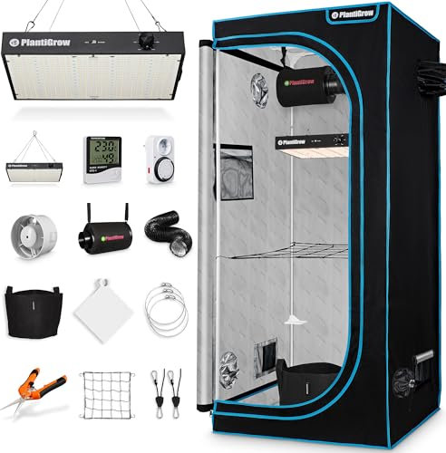 PlantiGrow Growbox Komplettset – Indoor Gewächshaus mit 150W Vollspektrum LED Lampe (Dimmbar), 1680D, Carbon-Filter, Inline-Kanalventilator, Abluftschlauch (100x100x200cm)