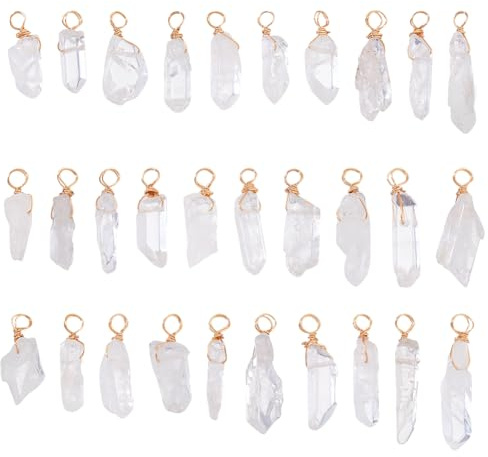 AHANDMAKER 30 colgantes de cristal de cuarzo natural, 2,5 cm con alambre de cobre dorado envuelto en piedras preciosas para anudar, cuentas de cristal, gota de columna para aretes, collares, joyería