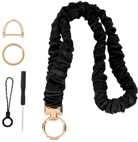 BOXOB Lange Schlüsselband mit Abnehmbarer Scrunchy-Kette, Verstellbares Nackenband für Smartphones Ausweis Schlüssel Vielseitiges Accessoire für Frauen und Männer (Schwarz)