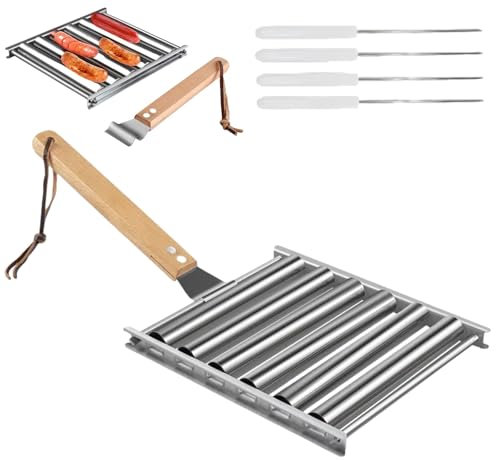Generico Griglia Portatile Girevole per Hot Dog e Wurstel - Piastra per Barbecue in Acciaio Inox Antiaderente con Manico in Legno - Accessorio da Giardino, Campeggio e Feste (M)