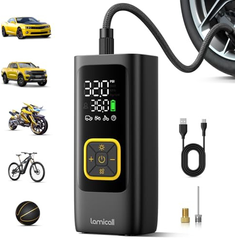 Car Tire Inflator Portable Air Compressor - Lamicall [4X Faster][150 PSI] Bike Air Pump, Rechargeable Battery, Pressure Gauge Display, LED Light, Automatic Car Cordless Pump for Motorcycle, Bike, Ball