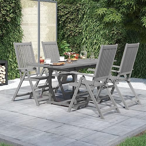 Qnhdfrt Garten Essgruppe aus Massivholz Akazie Grau Ausziehtisch mit 4 Klappstühlen Outdoor Sitzgruppe für Terrasse Balkon und Garten