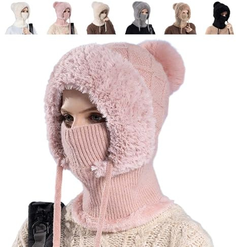 Toerjii Wintermütze Damen,Balaclava Damen,3 in 1 Beanie Mütze Warm Strickmütze & Halswärmer Sets,Multifunktional Verstellbar Gesichtsmaske für Täglich und im Freien (Rosa)