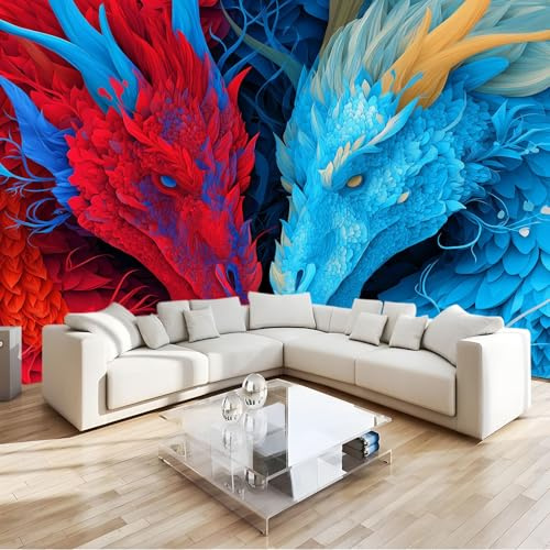 Papier Peints Panoramique Fantastique Mystère Dragon Oriental, Poster Mural Personnalisé 3D, Rouge Et Bleu Papier peint photo en non-tissé Salon Chambre D'Enfant Décoration Murale 300 x 210 cm