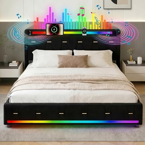 EBSFBD 140x200 cm Bettrahmen mit Bluetooth-Lautsprecher, Velours, Schwarz | 4 Aufbewahrungsschubladen, Polsterbett, LED-Stimmungsbeleuchtung, USB & Type-C, Ladestation, Holzlattenroste