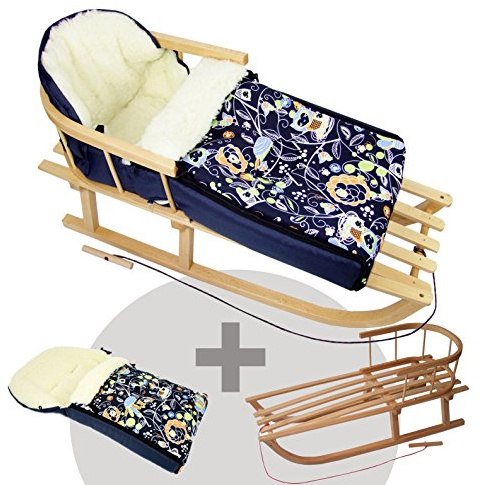BAMBINIWELT Kombi-Angebot Holz-Schlitten mit Rückenlehne & Zugseil + universaler Winterfußsack (108cm), auch geeignet für Babyschale, Kinderwagen, Buggy, aus Wolle im Eulendesign (Motiv $8)