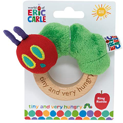 Rainbow Designs Very Hungry Caterpillar Ring Rattle - Endearing Baby Teething Toy, Iconic Story from Eric Carle - Sustainable Wood and Plush Fabric | Sustainable wood ring, plush textures, teething comfort, sensory exploration, story-inspired design