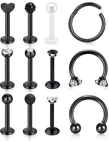 Incaton 16 Gauge Schwarz Lippenpiercing Ring Nasenpiercing Nasenringe Chirurgenstahl Hufeisen Piercing Set 12stk