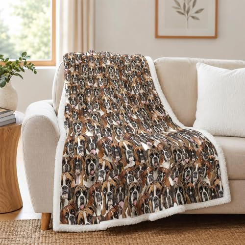 BlessLiving Fuzzy Dogs Blanket For Kids Adults Cute Puppy Fleece Blanket Reversible Animal Pattern Sherpa Throw Twin/Double (White Boxer,150x200cm) | Sherpa Fleece Blanket Couch Bed, Soft Cozy Warm Pet Blankets for Puppy Lovers Cute Animal Print Gift 60x80 Inches