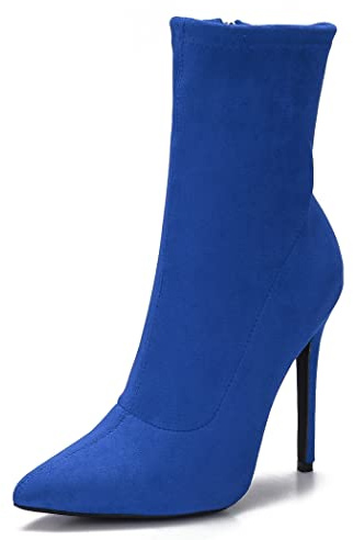 CAMSSOO Damen Stilvolle Stiefeletten Sexy Spitze Zehen Stiletto High Heels Boots Comfy Mid Calf Booties, Blaues Velourslederimitat, 38.5 EU