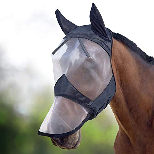 Harrison Howard CareMaster Horse Fly Mask Long Nose with Ears Full Face Black/Silver Retro Large Full Size