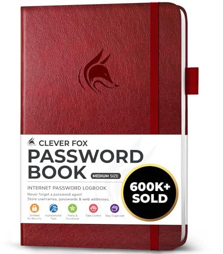 Clever Fox Passwortbuch mit Registerkarten - Adress- und Passwort-Organisationsbuch mit alphabetischen Registerkarten - Mittelgroßes Passwortbuch für Computer- und Website-Logins, Weinrot