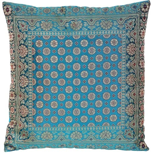 Ruwado Handgewebt und Handgefertigt Indische Banarasi Seide Kissenbezug, Zierkissenbezug, Sofakissenbezug, Dekokissen - Blumen Muster 40 x 40 cm | 16 x 16 Zoll, Türkis.