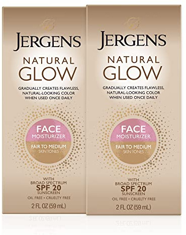 Jergens Natural Glow Face Self Tanner Lotion SPF 20, Fair/Medium, 2 oz, 2pk