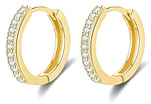 Boucles d'oreilles Femme en Argent Fin 925 Hypoallergénique Créoles Petites Plaqué Or Avec Zircone Cubique, Diamètre 10mm