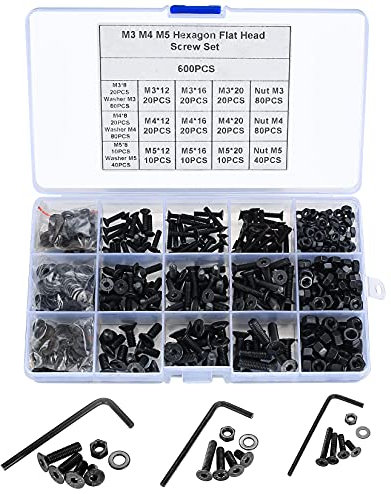 600 Stk Sechskant-Flachkopfbolzen, Muttern Kit, Senkkopf-Innensechskantschrauben, M3 M4 M5 Muttern und Unterlegscheiben Schrauben Kit Maschinenschrauben Befestigungsteil, mit Sechskantschlüssel