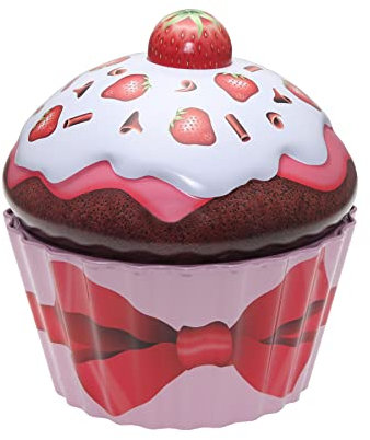 POWERHAUS24 Blechdose XL-Cupcake mit Erdbeeren, Geschenk, Aufbewahrung, Deko, Spielzeug, lebensmittelecht, ca. 17 cm x 16 cm, 2 Rezepte inklusive