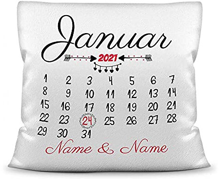Kissen Kalender selbst gestalten - mit anpassbarem Jahrestag - mit Namen & Datum bedrucken - Geschenk Valentinstag, Liebe, Jahrestag, Fotokissen Polyester inkl. Füllung - Weiß flauschig, 40x40 cm
