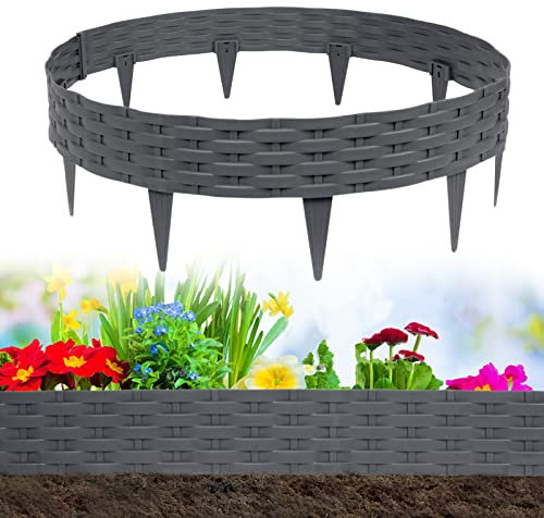 NAIZY Rattan-Optik Rasenkante 5 * 10m Beeteinfassung Biegbarer Kunststoff Mähkante Beetumrandung Rattan Design Gartenpalisade für Garten Rasen Dekorativ, Anthratic (50 Stück/50m)