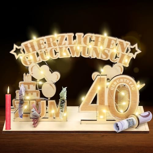 Geldgeschenke 40 Geburtstag,40.Geschenke Dekoration mit LED Lichterkette,Geschenke aus Holz zum 40 Geburtstag Mann Frau,Geldgeschenke Geburtstag Holz,Geburtstag Dekoration für Männer und Frauen