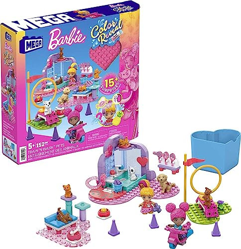 MEGA Barbie - Color Reveal Centro Cuccioli Lava e Addestra, include due mini bambole, cuccioli, anelli per le acrobazie, scooter e 15+ sorprese da costruire, giocattolo per bambini, 5+ anni, HHP89