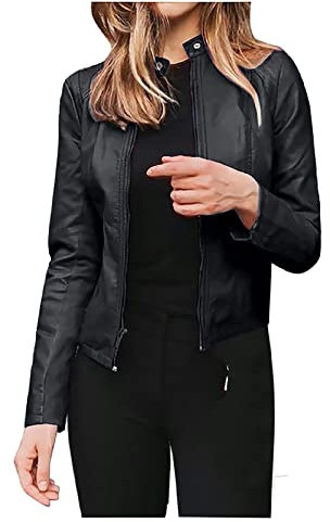 Rumity Schwarze Damen Lederimitat Jacke mit Nieten im Biker-Stil Bikerjacke Kunstlederjacke Lederjacke Schwarz Damen Motorrad Lederjacke Jacket Trachtenjacke Damen