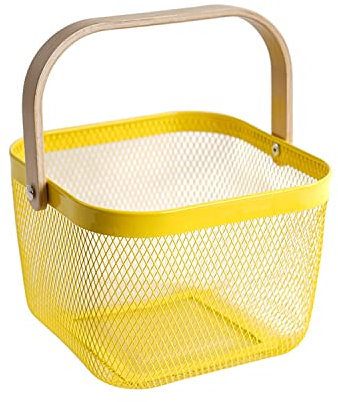 SANHSEHOME Metallgeflecht Stahlkorb Hängender Obstkorb Küche Aufbewahrungskorb Korb mit Bambusgriff Geeignet für Küche Bad Picknick Camping Home Storage (Quadrat Gelb)