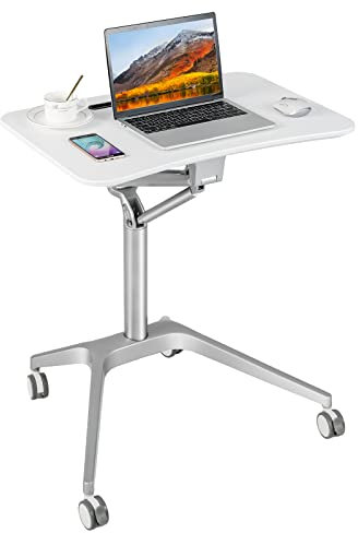 COSTWAY Höhenverstellbarer Schreibtisch, Mobiler Laptoptisch mit Rollen, Sitz-Steh Schreibtisch für Büro, Klassenzimmer, Wohnzimmer, Weiß + Silber