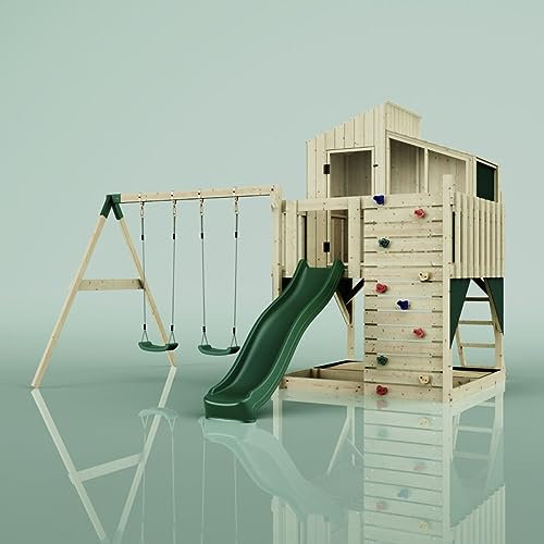 Rebo Spielturm mit Spielhaus inkl. Wellenrutsche und Kinder-Schaukel | Outdoor Klettergerüst Garten | Kletterwand und Kletterleiter | Stabile Konstruktion, Weiches Gefühl in den Seilen