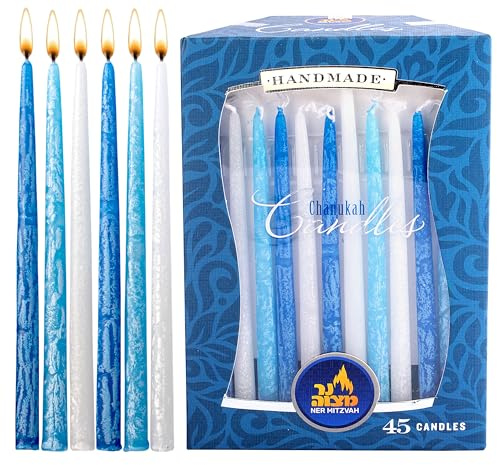 Chanukka-Kerzen, dunkelblau, hellblau und weiß, tropffreie Chanukka-Kerzen, hochwertiges Wachs, 45 Kerzen für alle 8 Nächte Chanukka