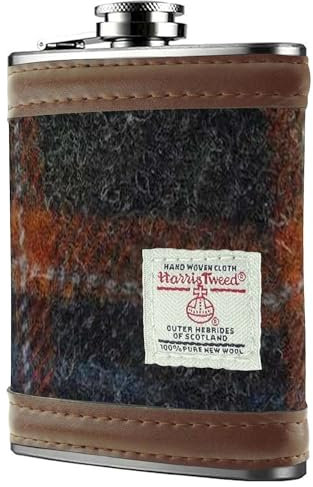 6oz Harris Tweed Hip Flask – Stainless Steel Tartan Liquor Hip flasks for Men - Leak Proof - Pocket Friendly - Gift Box Christmas - Liquor, Whisky, Rum (Grey with Rust Overcheck)