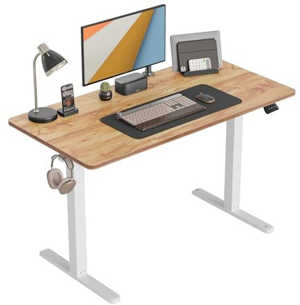 CubiCubi Schreibtisch Höhenverstellbar Elektrisch, 100 x 60 cm Stehpult T-Beine aus Stahl mit Funktions-Memory-Steuerung, Anti-kollisions System, Weiß Rahmen/Hellbraun Tischplatte