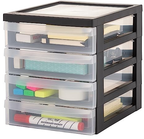 Iris Ohyama Schreibtisch-Schubladen-Einheit, 4 flache Schubladen, Schwarz, leicht zu öffnen, A5, transparent, für Homeoffice, Dokumente, Büromaterial, Akten, Papierablage, BPA-frei, DC-A5