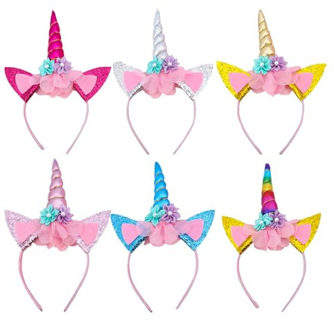 MEMOFYND Lot de 6 bandeaux arc-en-ciel pour chevaux, animaux avec oreilles et fleurs, bandeau de dessin anime pour fte, cosplay (6 couleurs)