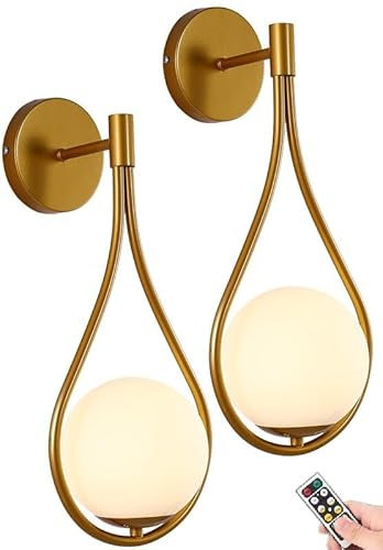 Glass Globe Wall Sconces Battery Operated Set of 2,USB Rechargeable Wall Lights Wihout Wiring,Wireless Remote Wall Lamp Fixture Indoor Decor Gold Brass for Living Room Bedroom Bathroom (Color : Gold
