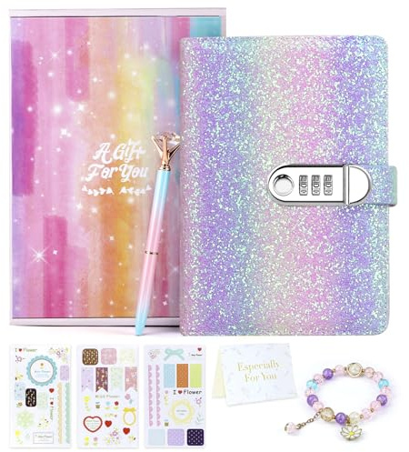 Kidsord Diary with Lock for Girls, Diary for Girls Ages 8-12, 200 Pages A5 Password Refillable Lined Secret Diary Gifts for 9 10 11 12 Year Old Girls (Rainbow Purple)