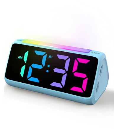 Netzu Wecker Digital, Digitaler Wecker Kinder mit Licht, Bunter LED Anzeige, 0-100% Helligkeitsdimmer, 2 Alarme, Snooze, 3 Wecklautstärke, USB Ladeanschluss, Kinderwecker für Schlafzimmer (Blau)