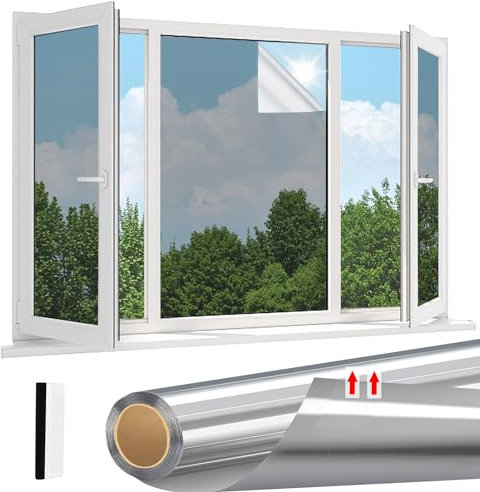 Linarun One Way Window Film Privacy, Heat Reflective Privacy Film for Glass Windows,Daytime Anti Glare Mirror Film with Adhesive, Window Tint Film Sun Blocker for Home Office (Silver, 30 * 200cm)